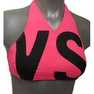 Victoria's Secret Pink & Black "VS" Logo V High Neck Halter Swim Top S